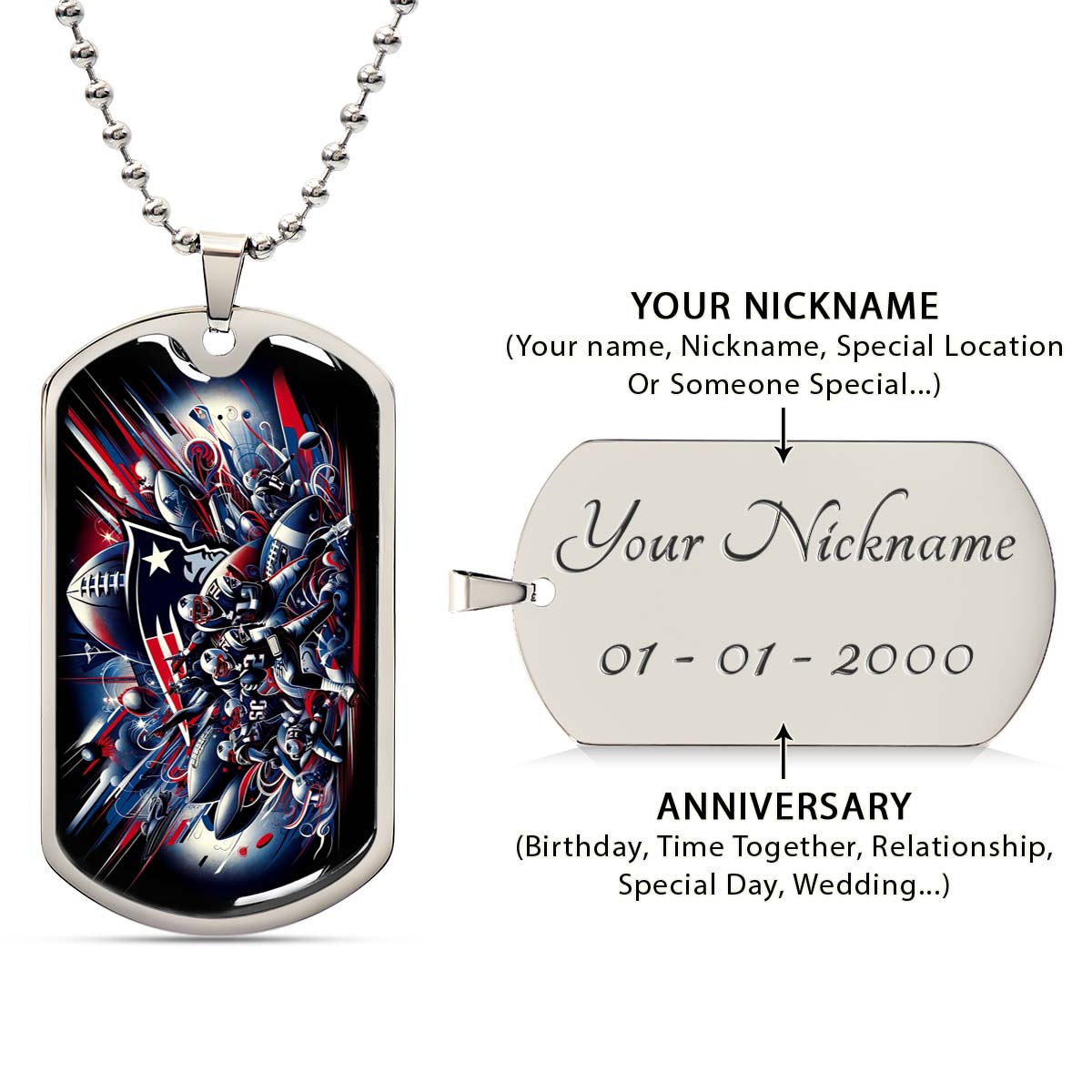 American Football Dog Tag Necklace - AFD029 - New England Patriots Super Bowl - NFL Teams - Military Ball Chain
