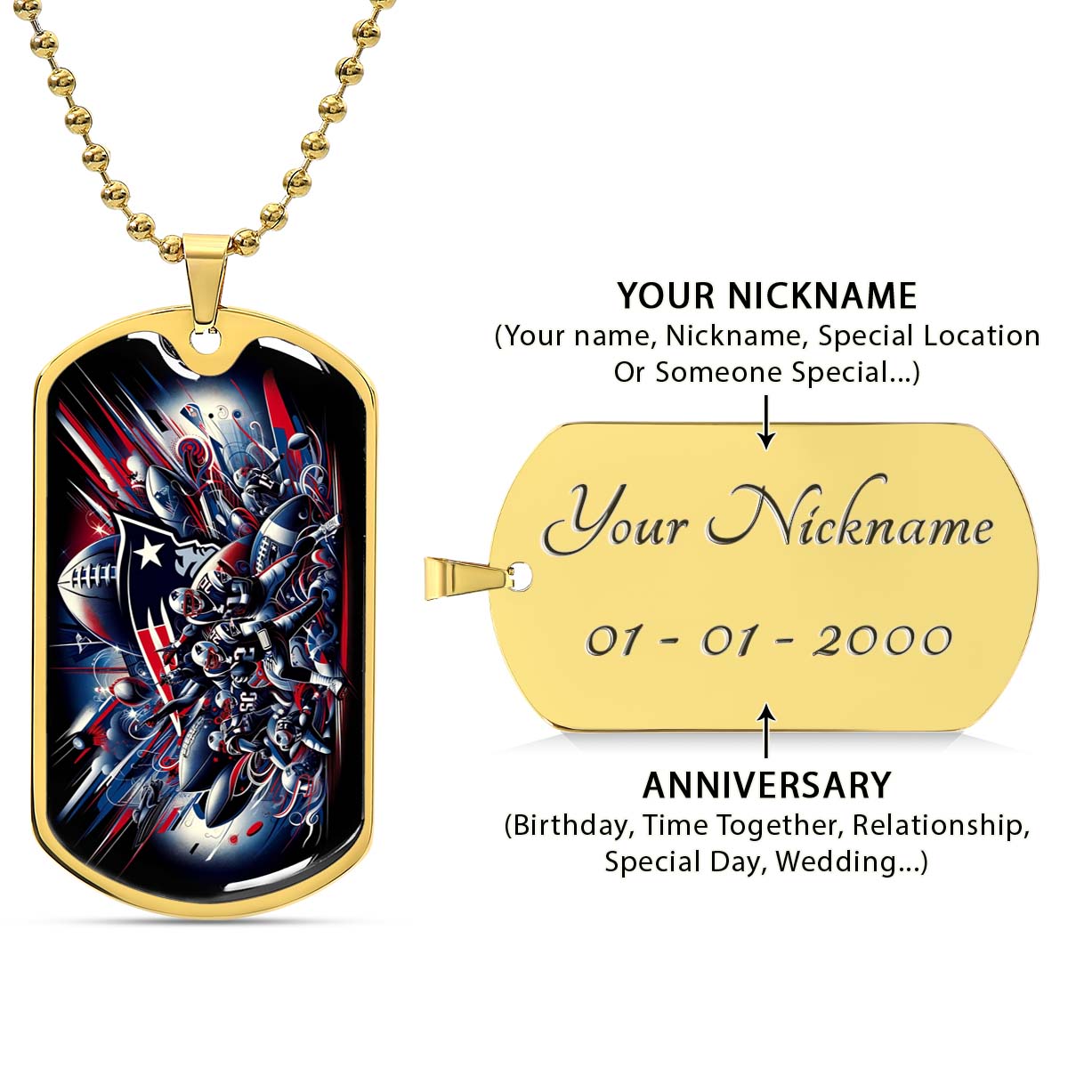 American Football Dog Tag Necklace - AFD029 - New England Patriots Super Bowl - NFL Teams - Military Ball Chain