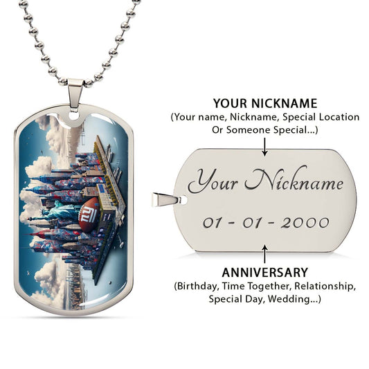 American Football Dog Tag Necklace - AFD032 - New York Giants Themed Manhattan Skyline - NFL Teams - Military Ball Chain