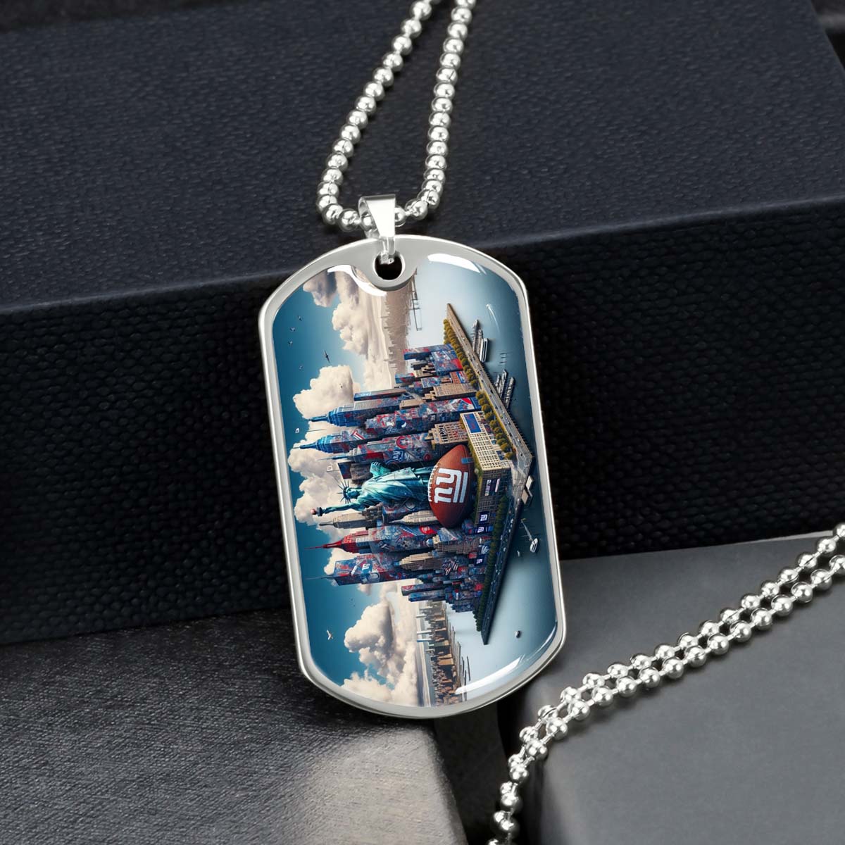 American Football Dog Tag Necklace - AFD032 - New York Giants Themed Manhattan Skyline - NFL Teams - Military Ball Chain