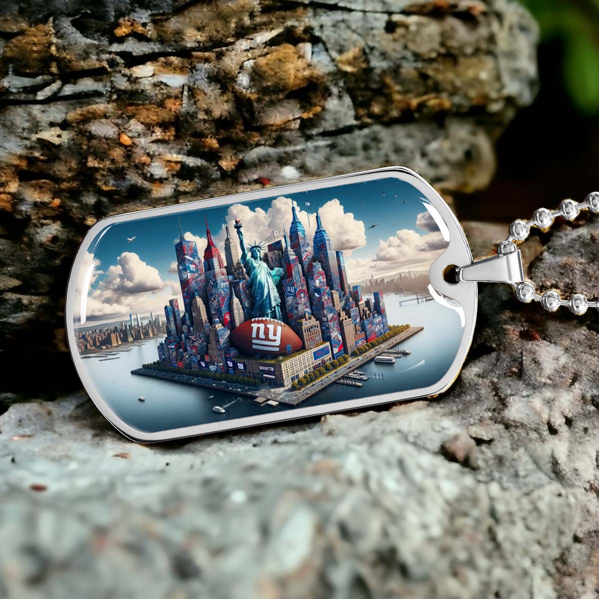 American Football Dog Tag Necklace - AFD032 - New York Giants Themed Manhattan Skyline - NFL Teams - Military Ball Chain