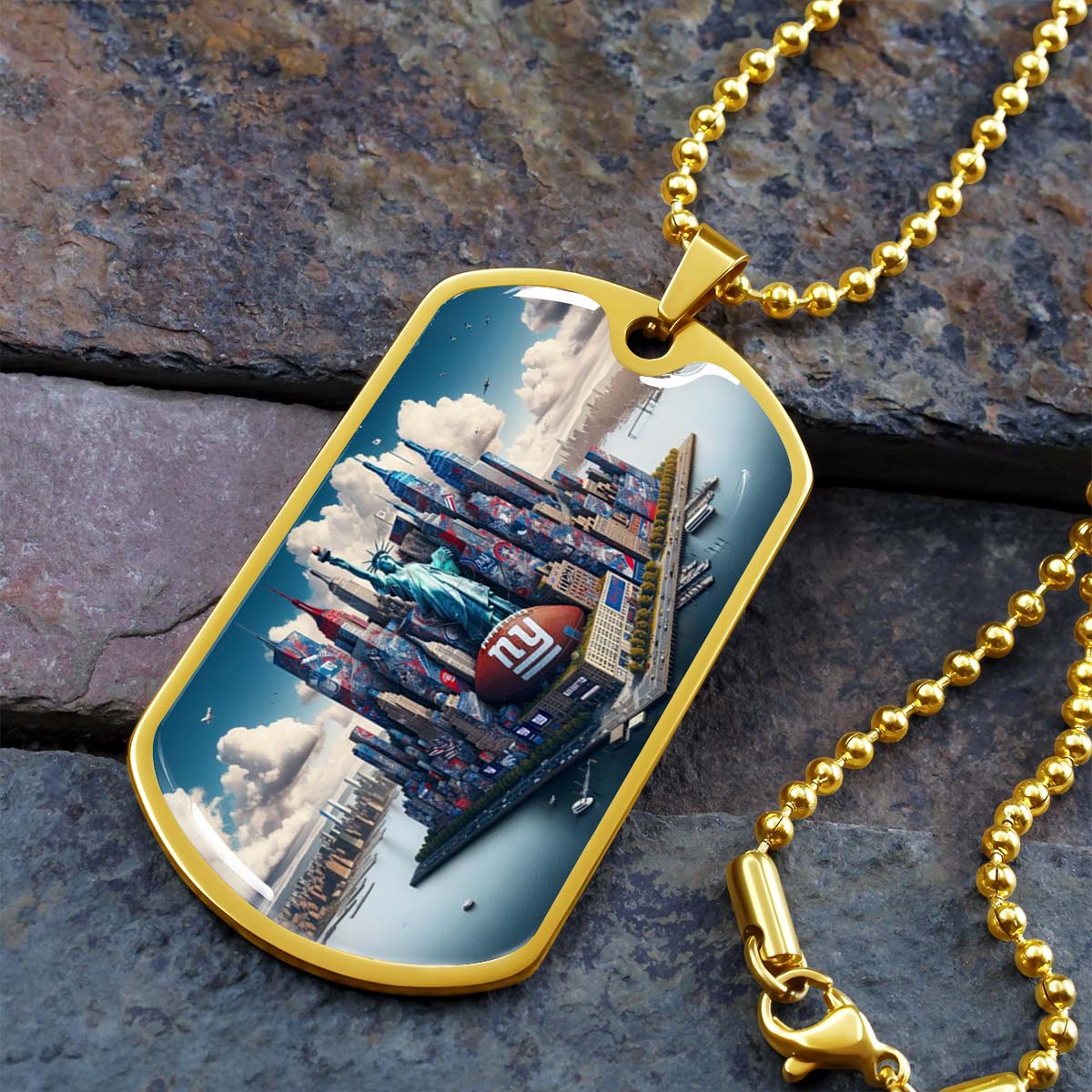 American Football Dog Tag Necklace - AFD032 - New York Giants Themed Manhattan Skyline - NFL Teams - Military Ball Chain