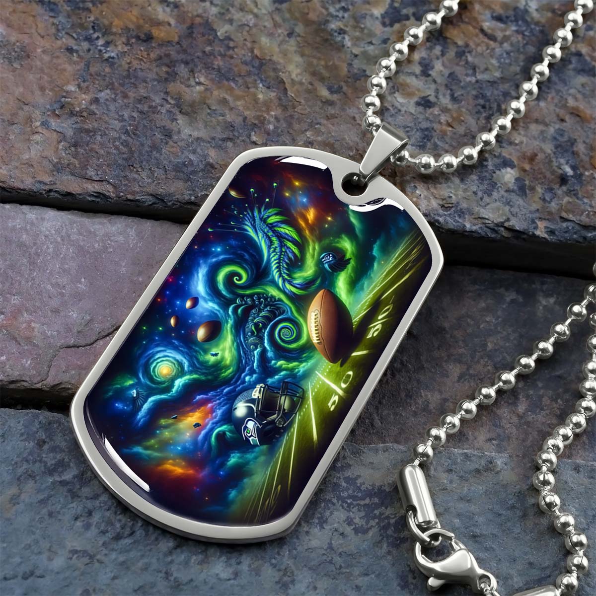 American Football Dog Tag Necklace - AFD044 - Seattle Seahawks Cosmic Touchdown - NFL Teams - Military Ball Chain