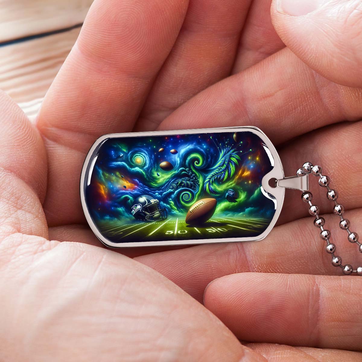 American Football Dog Tag Necklace - AFD044 - Seattle Seahawks Cosmic Touchdown - NFL Teams - Military Ball Chain