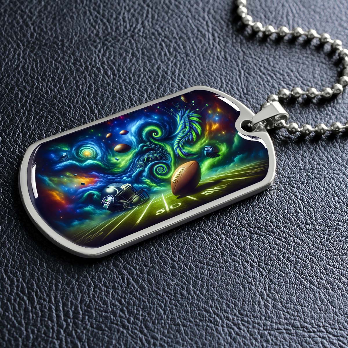 American Football Dog Tag Necklace - AFD044 - Seattle Seahawks Cosmic Touchdown - NFL Teams - Military Ball Chain