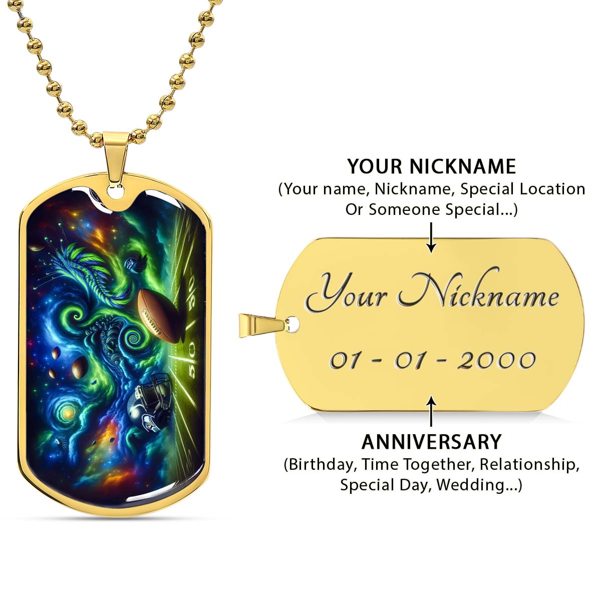 American Football Dog Tag Necklace - AFD044 - Seattle Seahawks Cosmic Touchdown - NFL Teams - Military Ball Chain