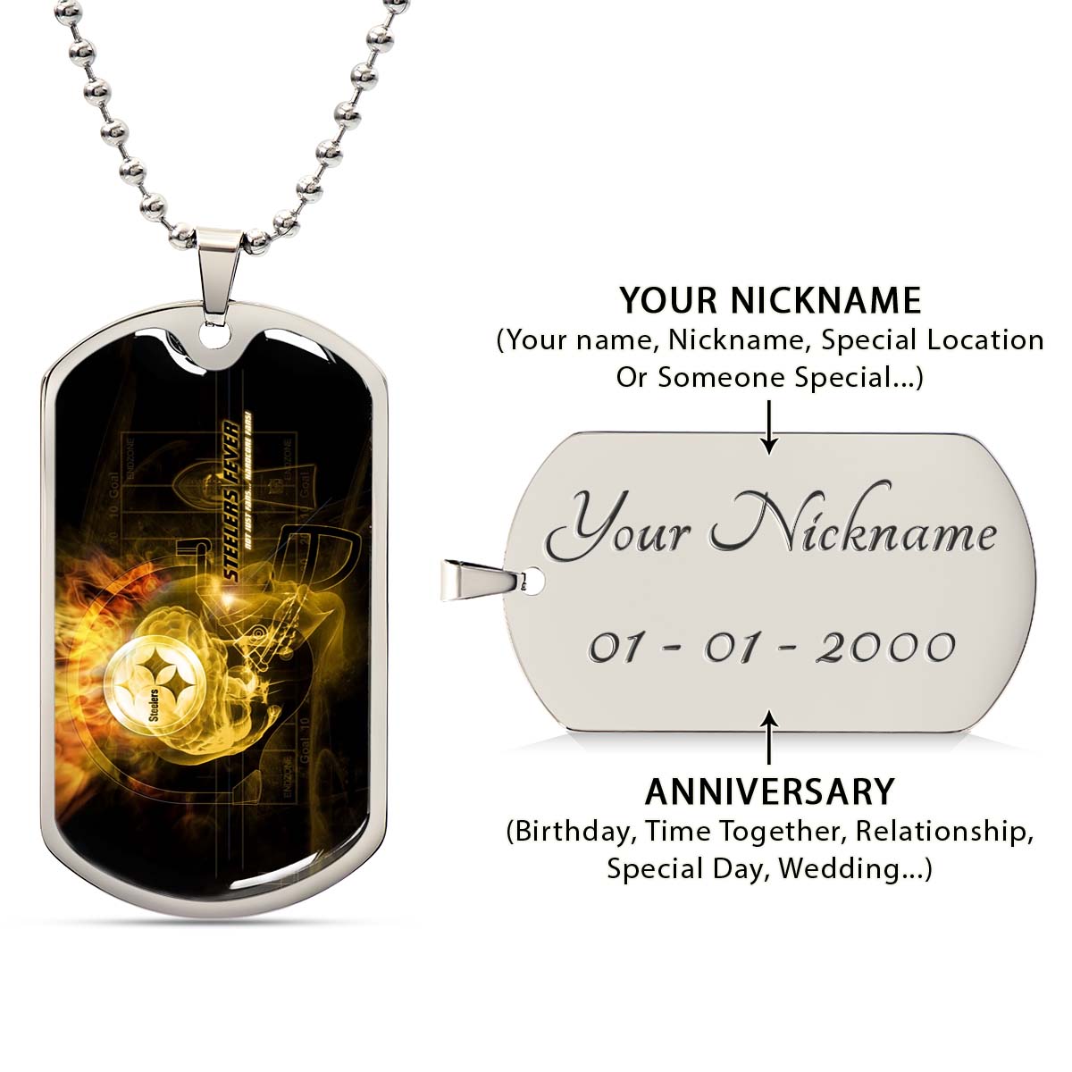 American Football Dog Tag Necklace - AFD046 - Steelers Fever A Passion for Pittsburgh Sports - Military Ball Chain