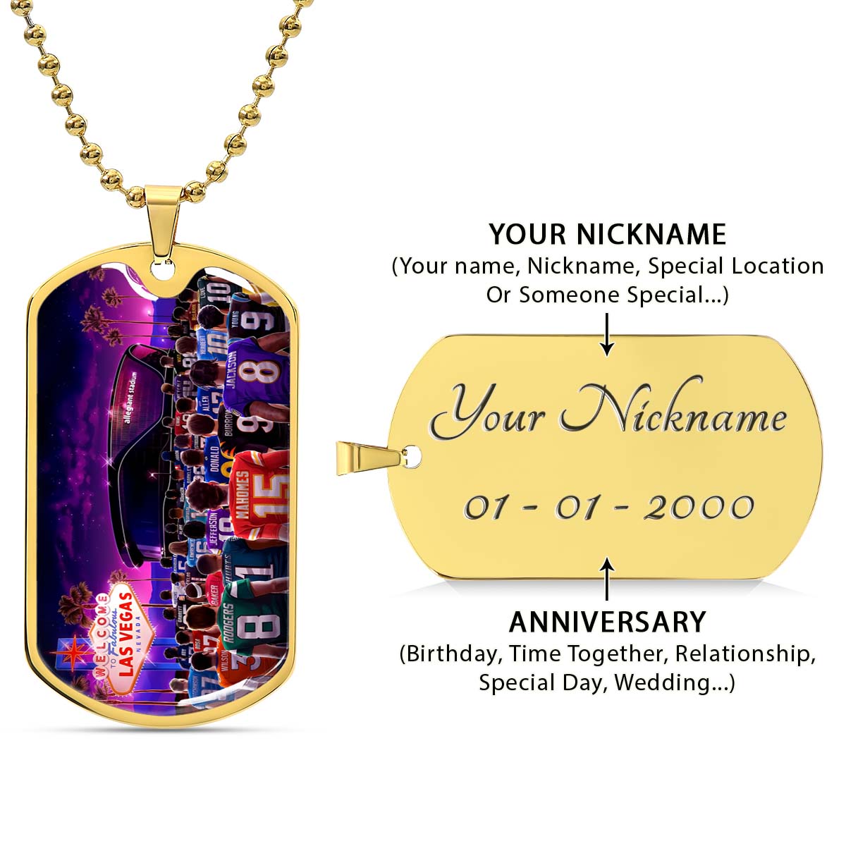 American Football Dog Tag Necklace - AFD048 - Super Bowl - NFL Stars & Las Vegas Stadium - Military Ball Chain