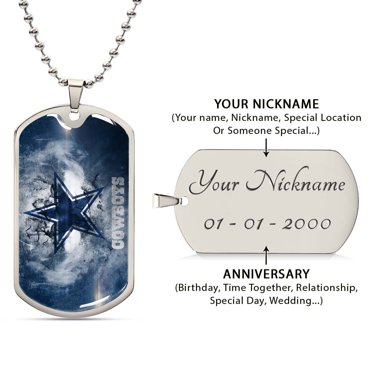 American Football Dog Tag Necklace - AFD060 - Dallas Cowboys - NFL Teams - Military Ball Chain