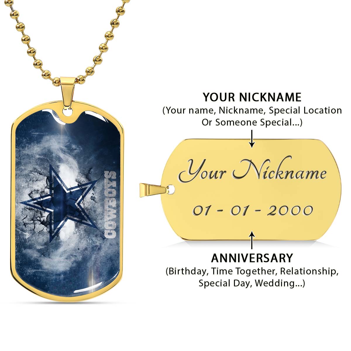 American Football Dog Tag Necklace - AFD060 - Dallas Cowboys - NFL Teams - Military Ball Chain