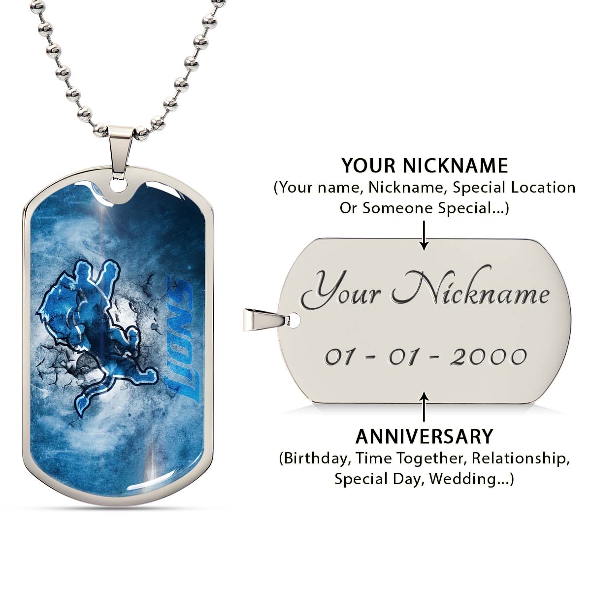 American Football Dog Tag Necklace - AFD062 - Detroit Lions - NFL Teams - Military Ball Chain