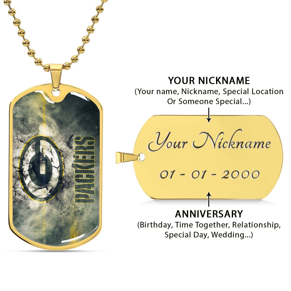 American Football Dog Tag Necklace - AFD063 - Green Bay Packers - NFL Teams - Military Ball Chain