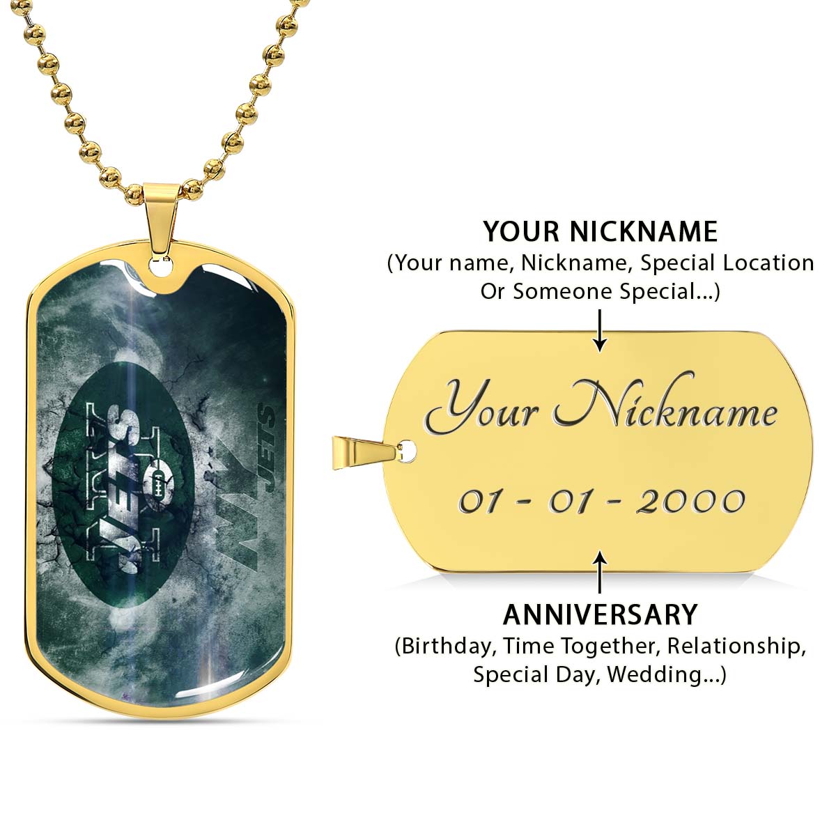 American Football Dog Tag Necklace - AFD073 - New York Jets - NFL Teams - Military Ball Chain