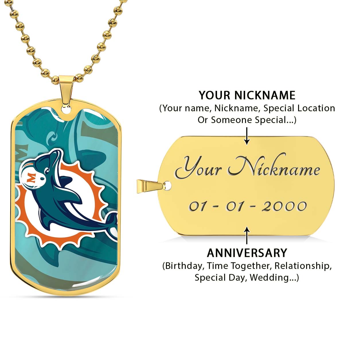 American Football Dog Tag Necklace - AFD084 - Miami Dolphins - NFL Teams - Military Ball Chain