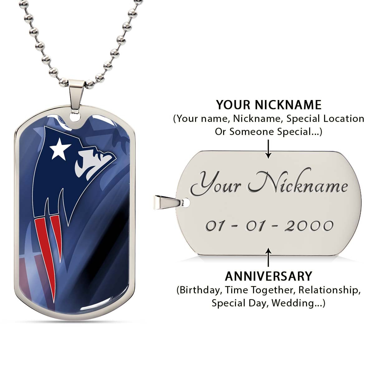 American Football Dog Tag Necklace - AFD087 - New England Patriots - NFL Teams - Military Ball Chain
