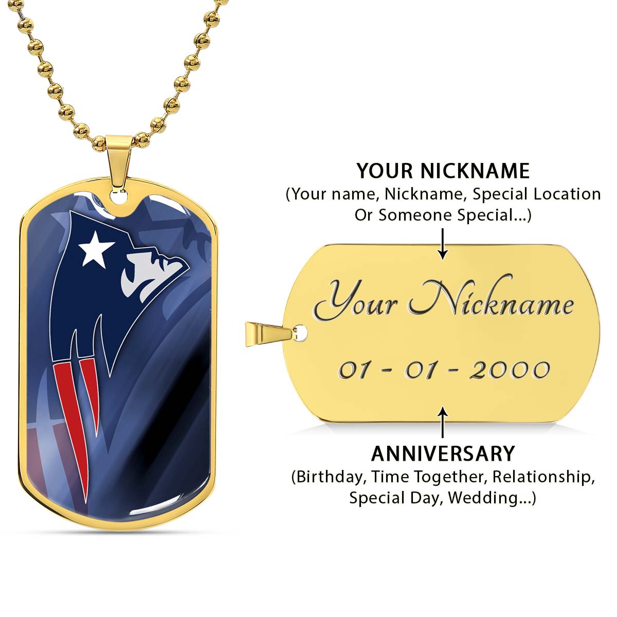 American Football Dog Tag Necklace - AFD087 - New England Patriots - NFL Teams - Military Ball Chain