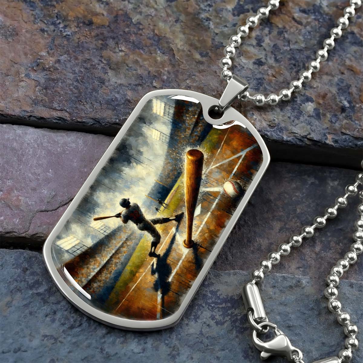 Baseball Dog Tag Necklace - BBD003 - Baseball Game Action - Military Ball Chain