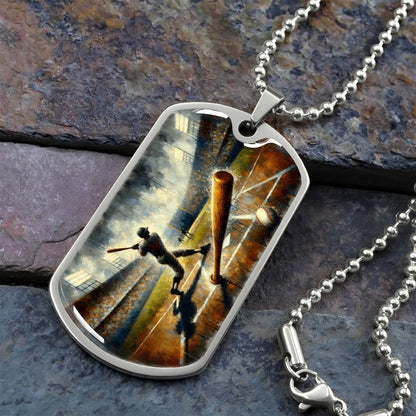 Baseball Dog Tag Necklace - BBD003 - Baseball Game Action - Military Ball Chain