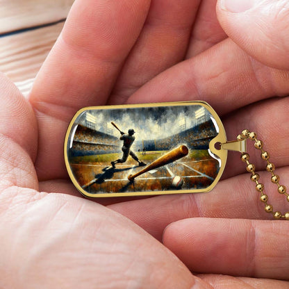 Baseball Dog Tag Necklace - BBD003 - Baseball Game Action - Military Ball Chain