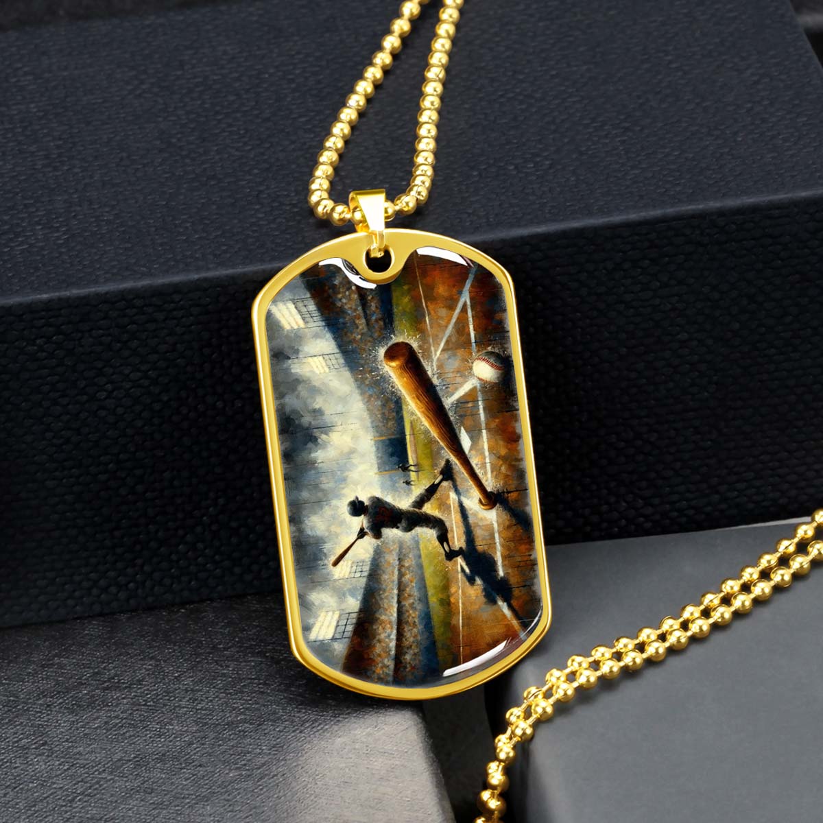 Baseball Dog Tag Necklace - BBD003 - Baseball Game Action - Military Ball Chain