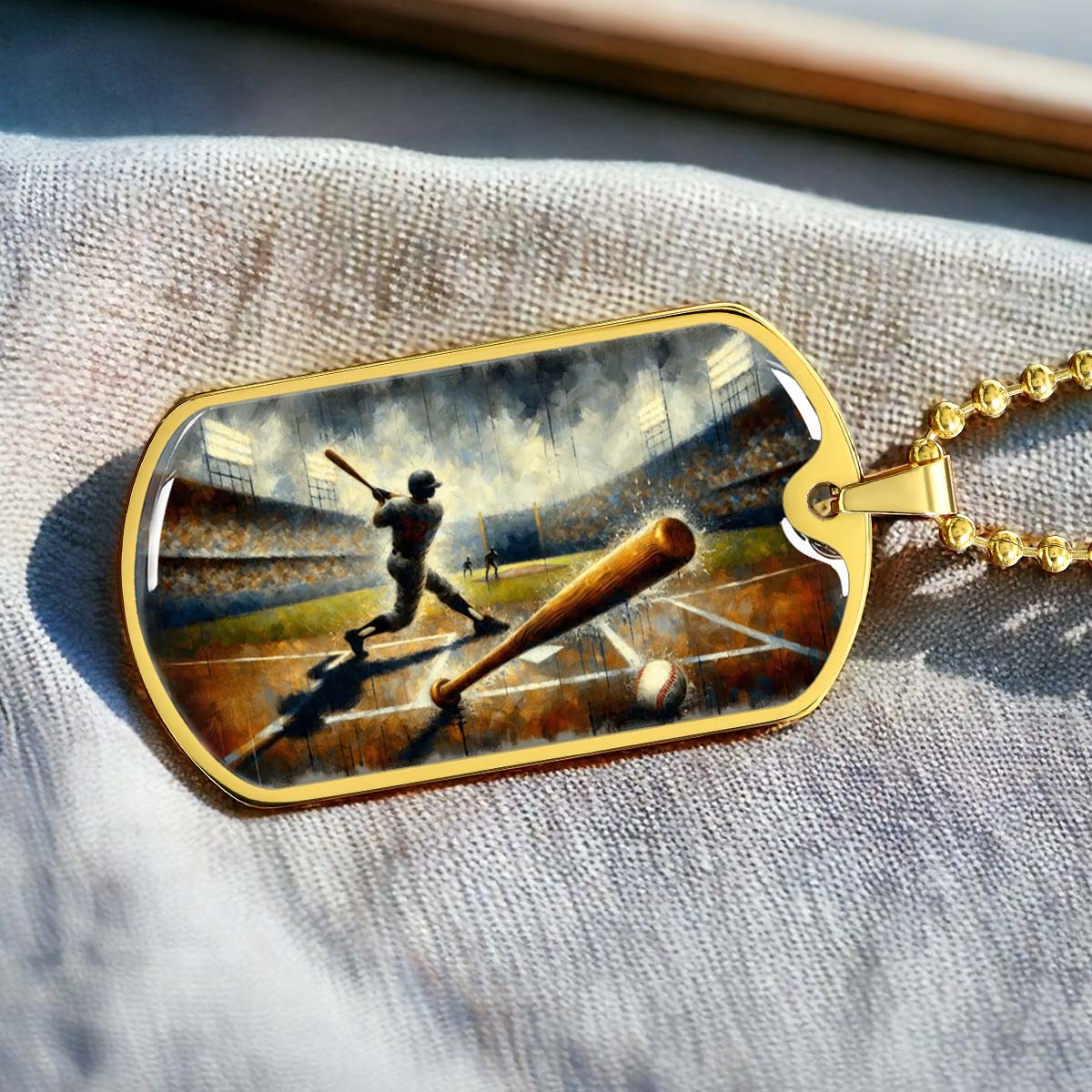 Baseball Dog Tag Necklace - BBD003 - Baseball Game Action - Military Ball Chain
