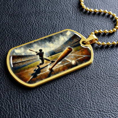 Baseball Dog Tag Necklace - BBD003 - Baseball Game Action - Military Ball Chain