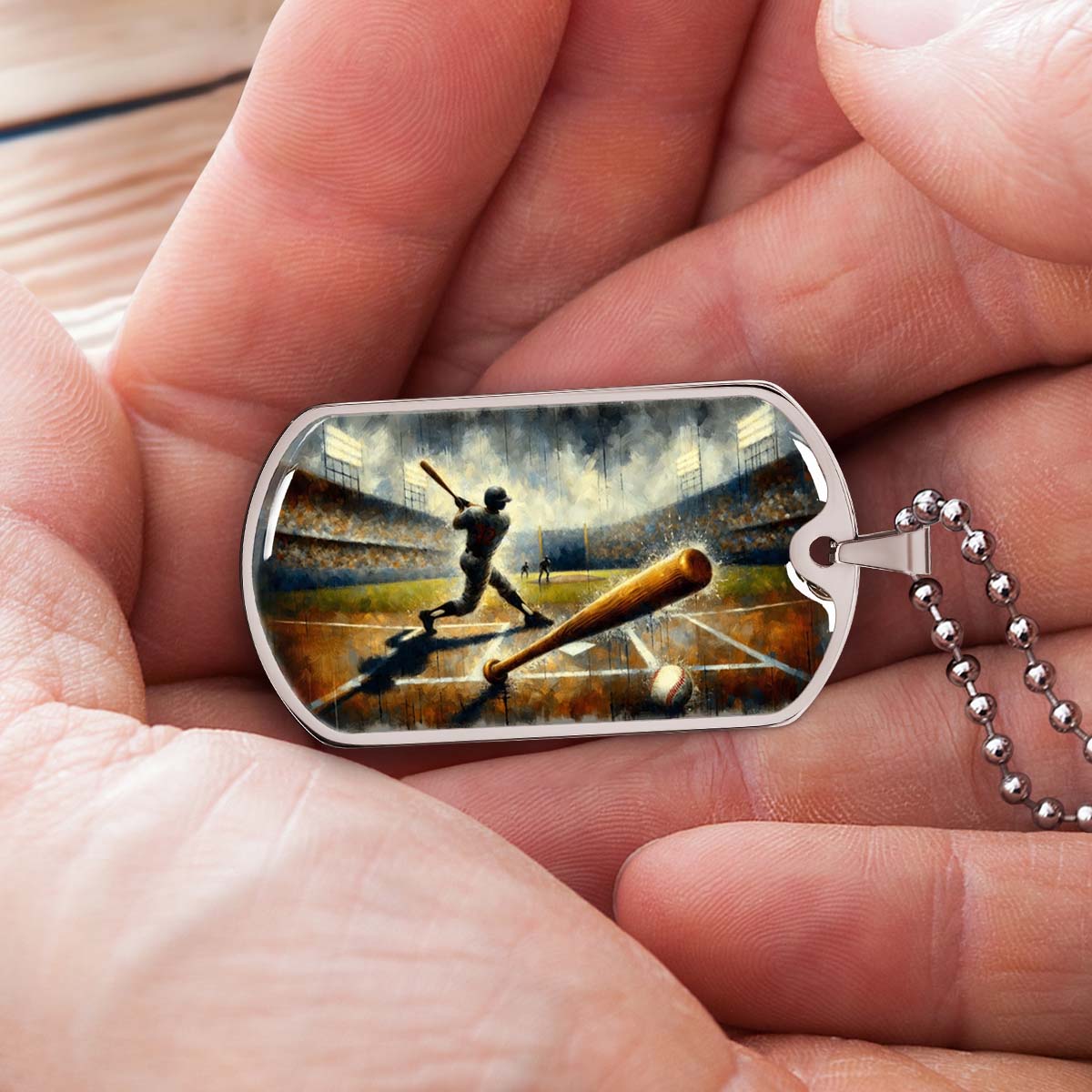 Baseball Dog Tag Necklace - BBD003 - Baseball Game Action - Military Ball Chain