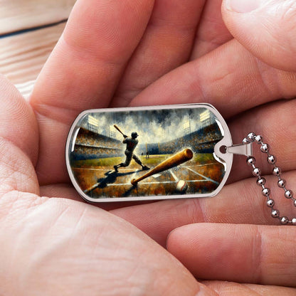 Baseball Dog Tag Necklace - BBD003 - Baseball Game Action - Military Ball Chain