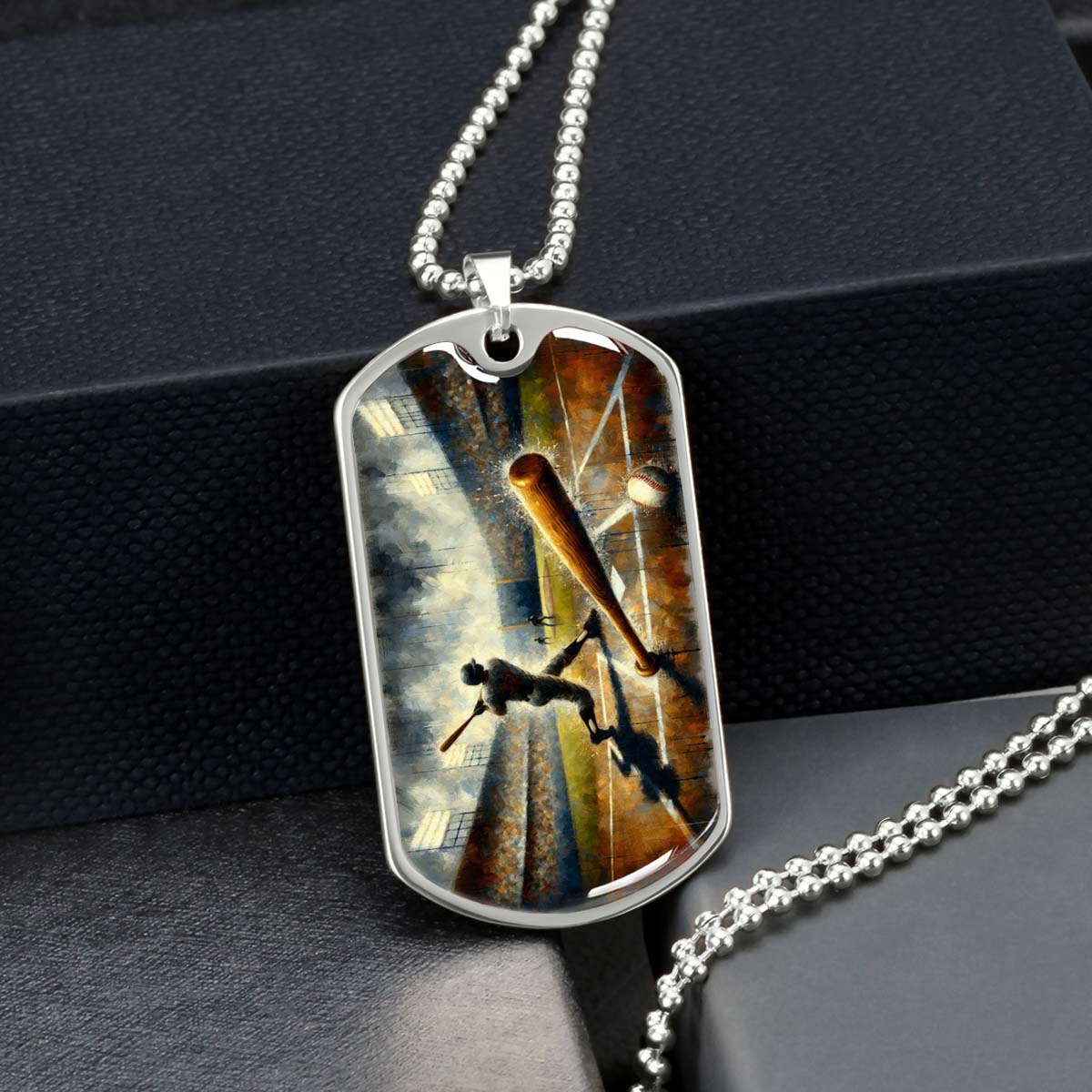 Baseball Dog Tag Necklace - BBD003 - Baseball Game Action - Military Ball Chain