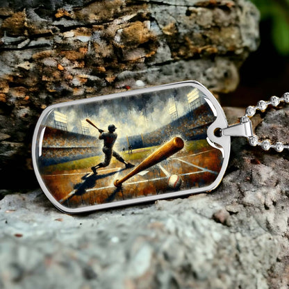 Baseball Dog Tag Necklace - BBD003 - Baseball Game Action - Military Ball Chain