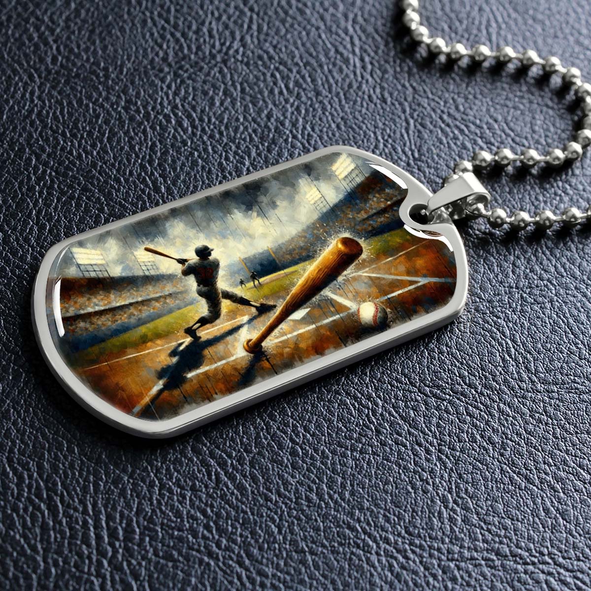 Baseball Dog Tag Necklace - BBD003 - Baseball Game Action - Military Ball Chain