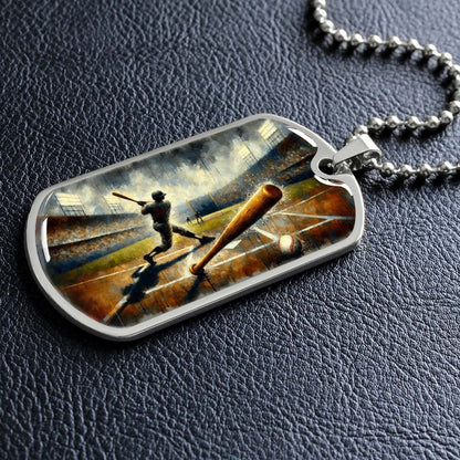 Baseball Dog Tag Necklace - BBD003 - Baseball Game Action - Military Ball Chain
