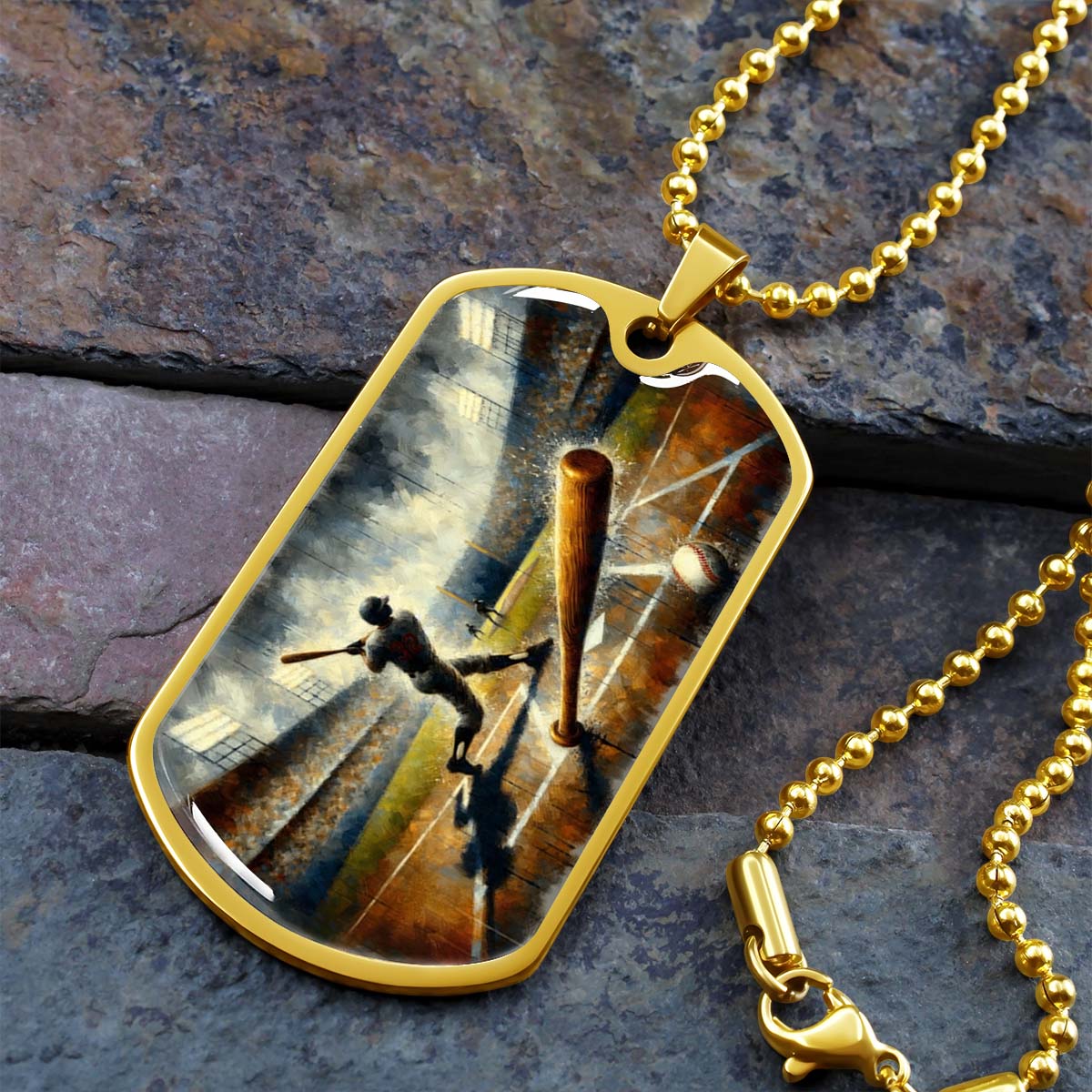Baseball Dog Tag Necklace - BBD003 - Baseball Game Action - Military Ball Chain