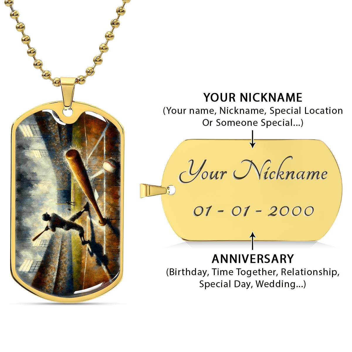 Baseball Dog Tag Necklace - BBD003 - Baseball Game Action - Military Ball Chain