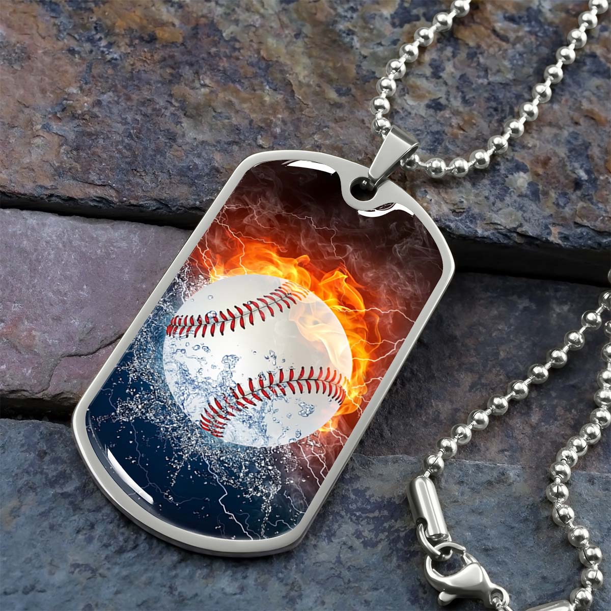 Baseball Dog Tag Necklace - BBD004 - Epic Baseball Blaze - Military Ball Chain