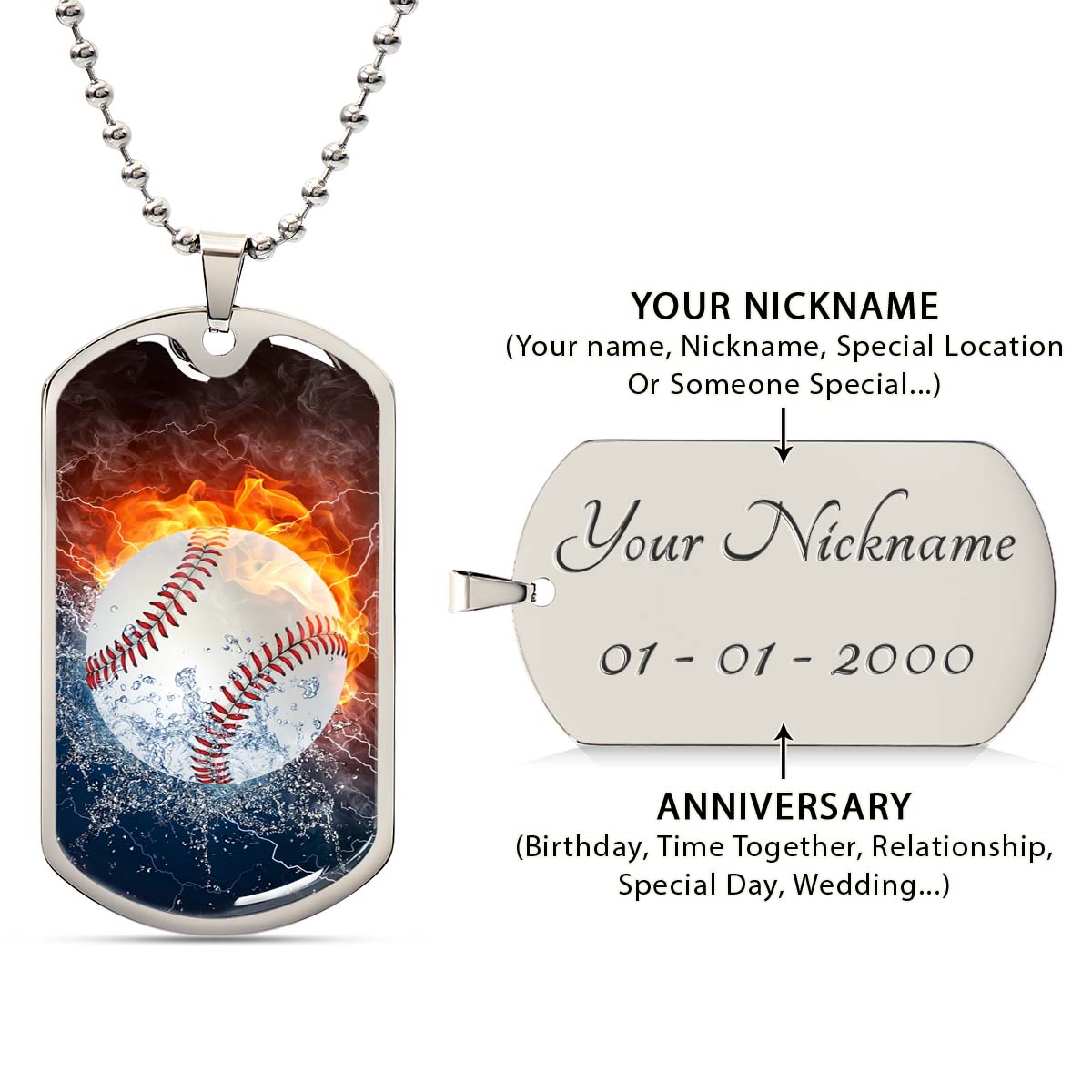 Baseball Dog Tag Necklace - BBD004 - Epic Baseball Blaze - Military Ball Chain