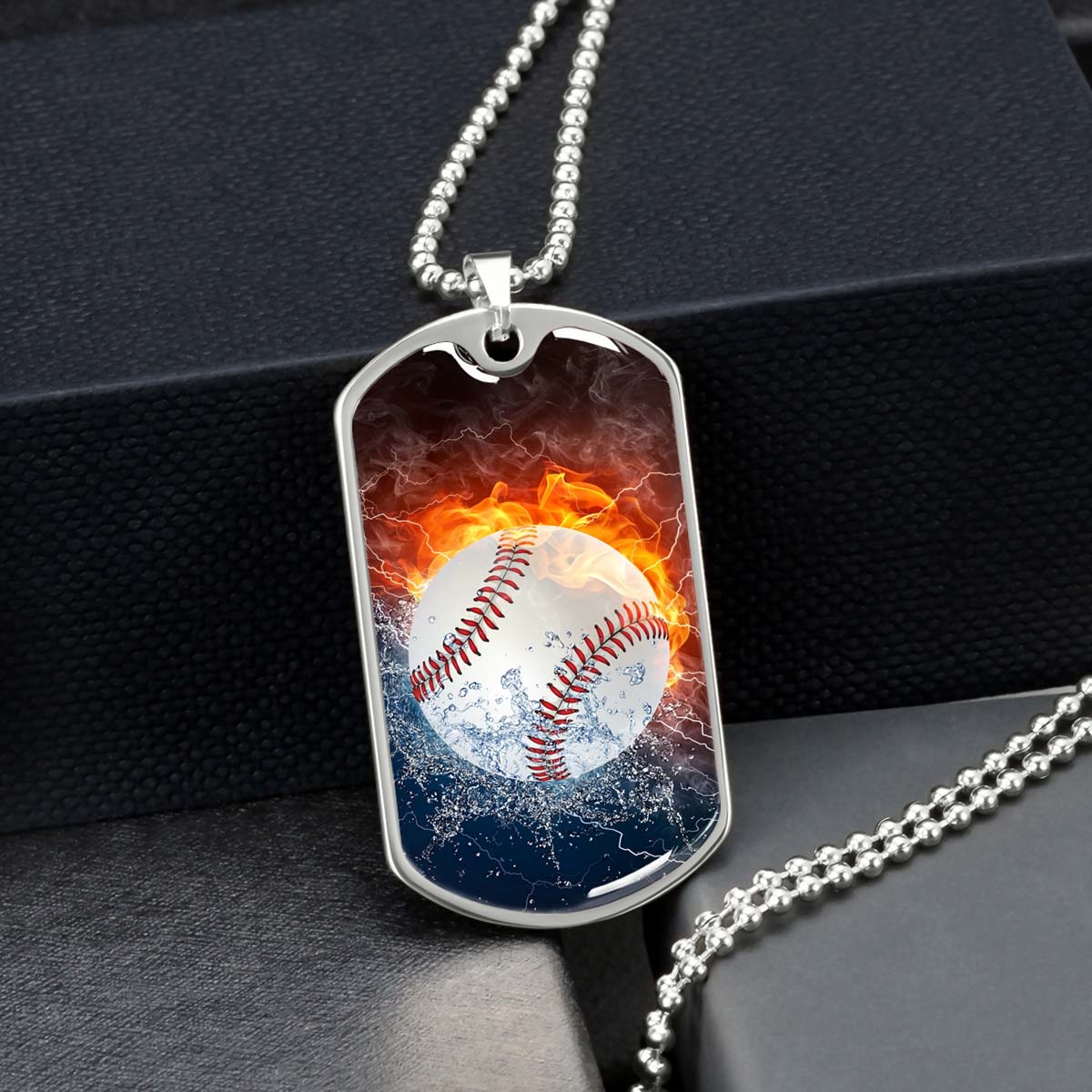 Baseball Dog Tag Necklace - BBD004 - Epic Baseball Blaze - Military Ball Chain
