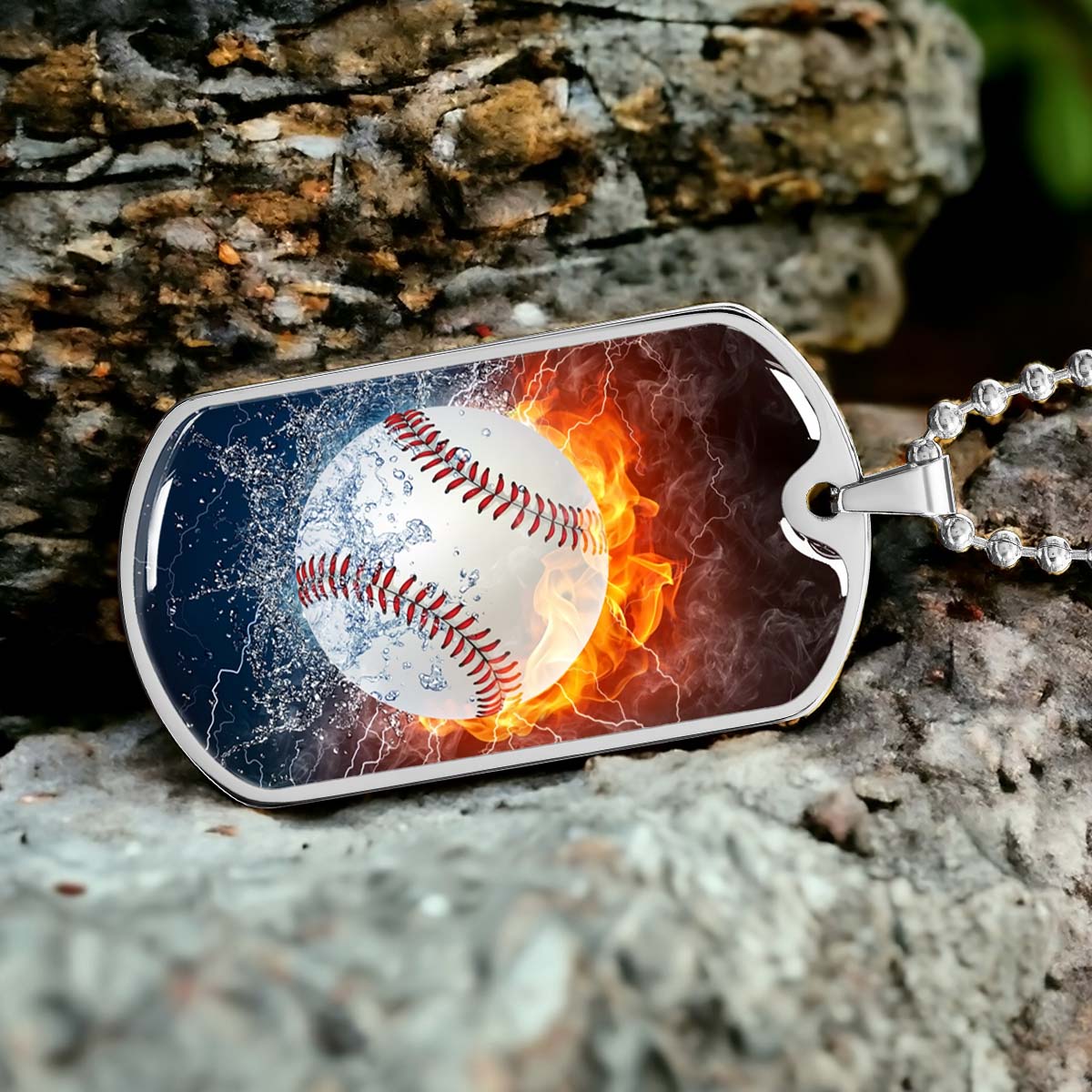 Baseball Dog Tag Necklace - BBD004 - Epic Baseball Blaze - Military Ball Chain