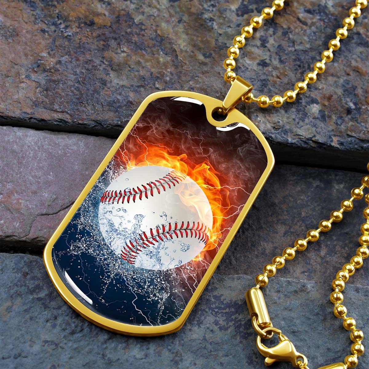 Baseball Dog Tag Necklace - BBD004 - Epic Baseball Blaze - Military Ball Chain