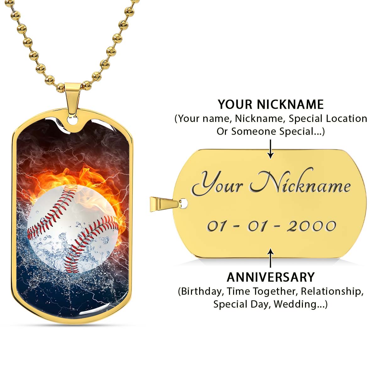 Baseball Dog Tag Necklace - BBD004 - Epic Baseball Blaze - Military Ball Chain