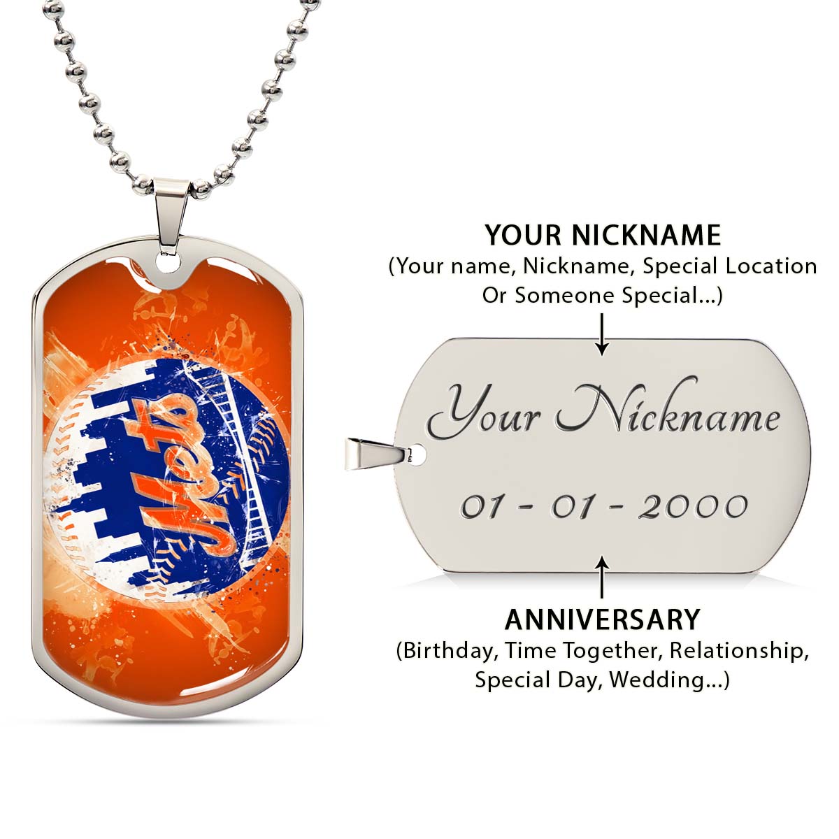 Baseball Dog Tag Necklace - BBD005 - New York Mets - MLB Pride in Every Stitch - Military Ball Chain