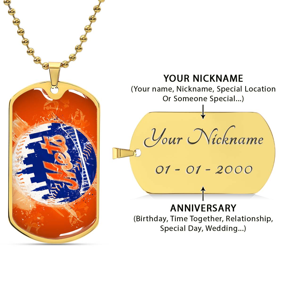 Baseball Dog Tag Necklace - BBD005 - New York Mets - MLB Pride in Every Stitch - Military Ball Chain