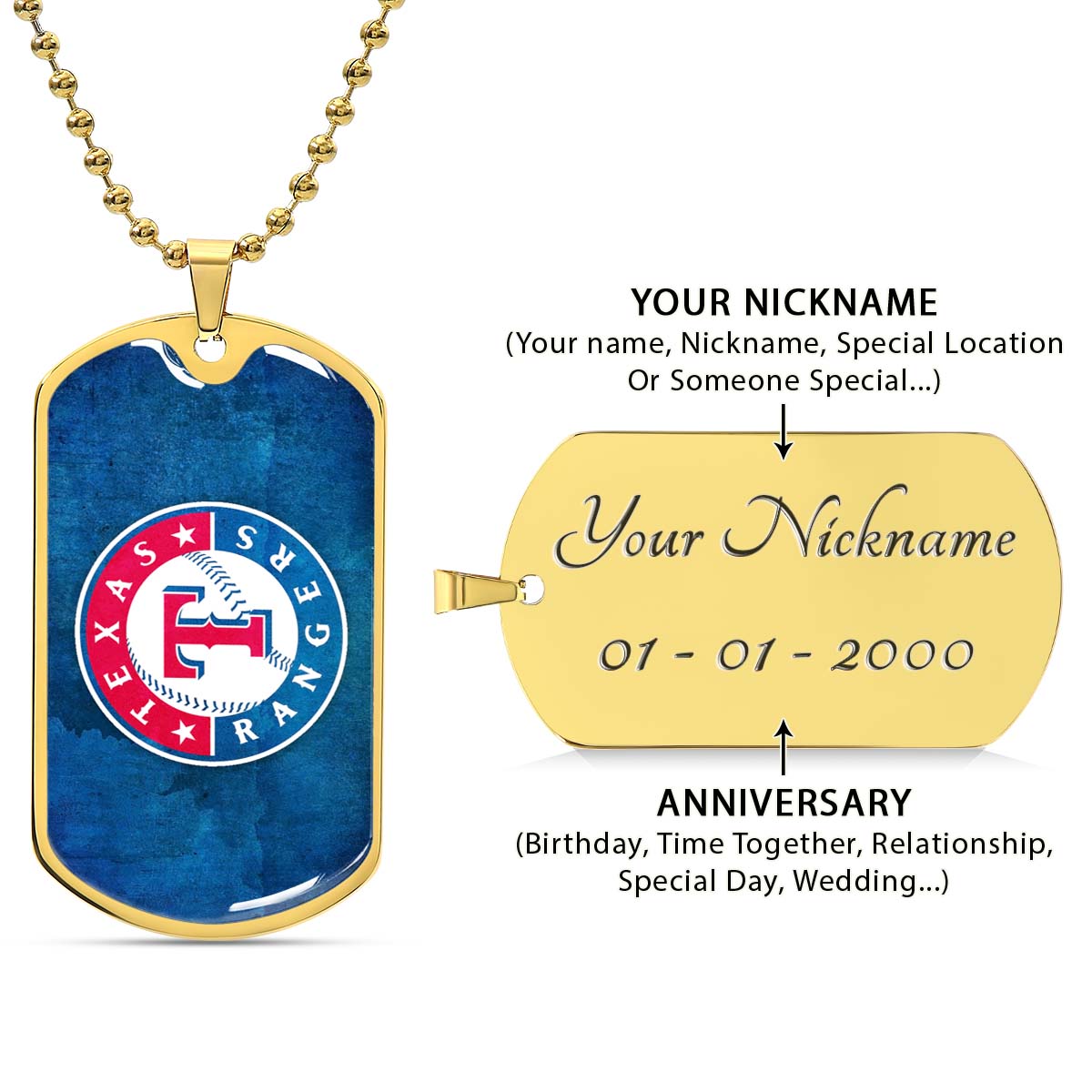 Baseball Dog Tag Necklace - BBD007 - Texas Rangers Sports - Military Ball Chain
