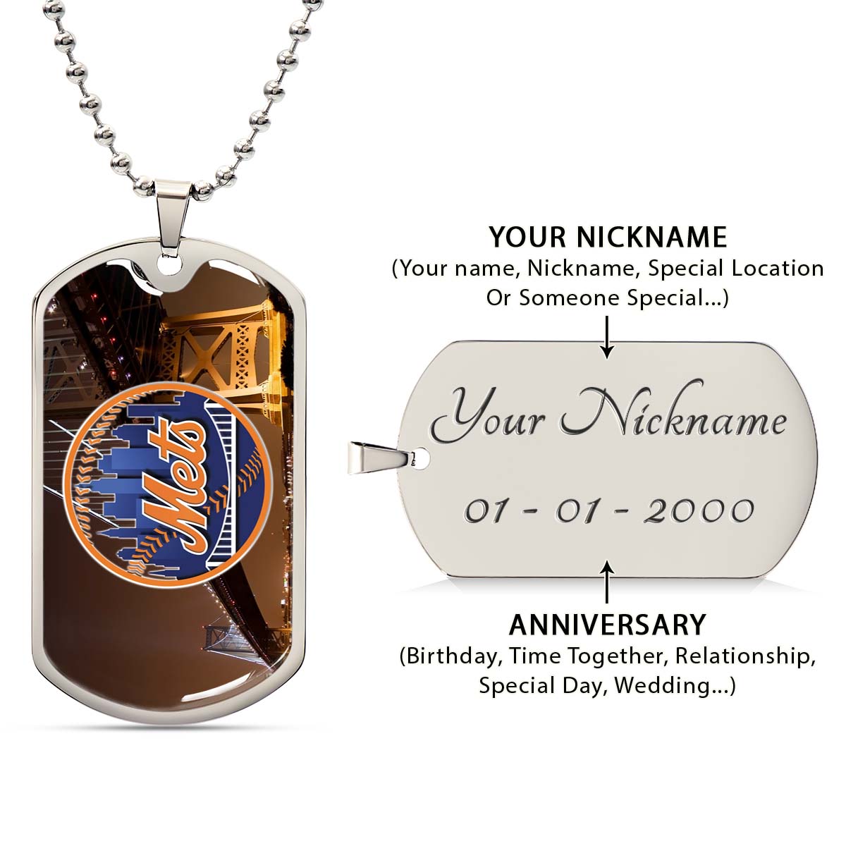 Baseball Dog Tag Necklace - BBD008 - New York Mets - Military Ball Chain