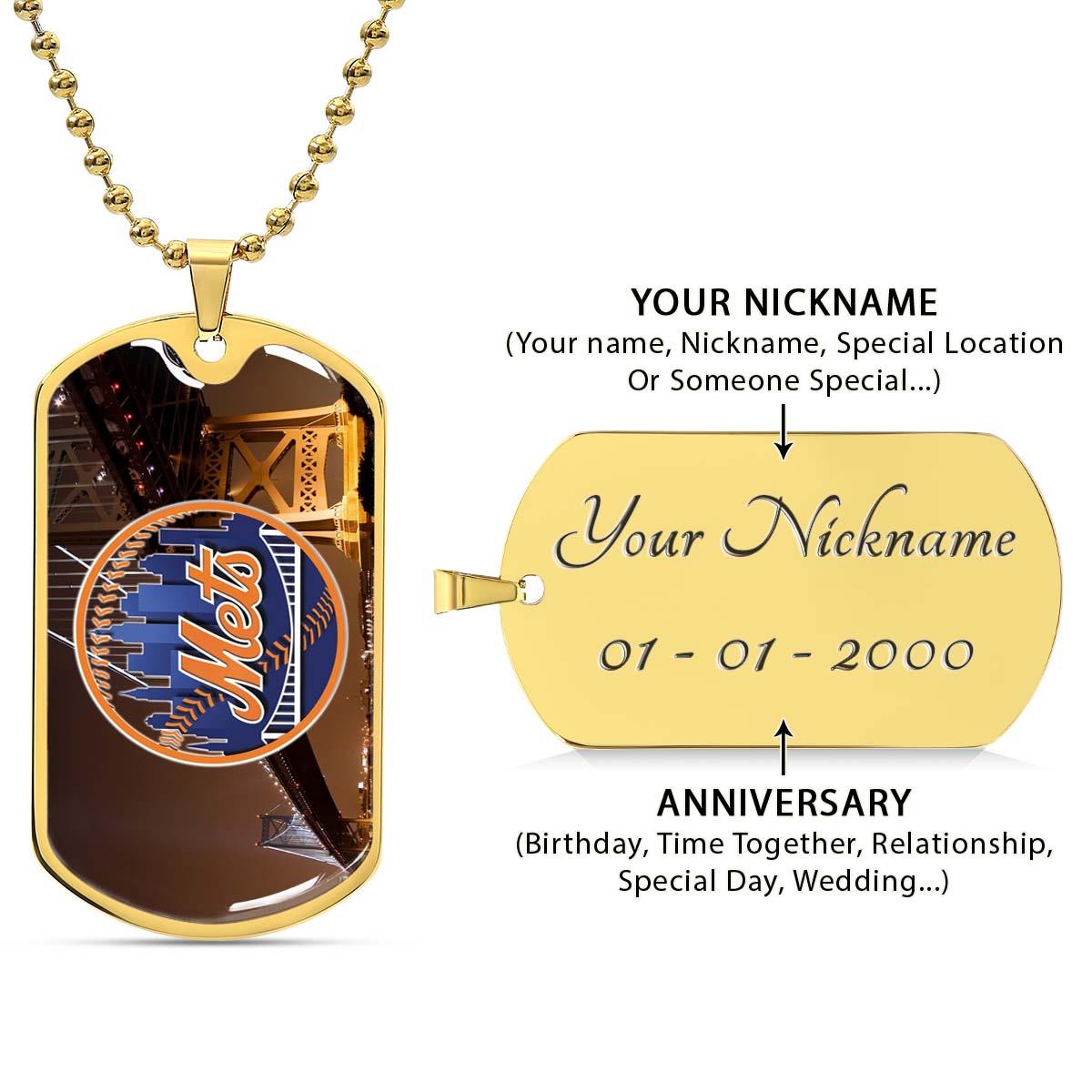 Baseball Dog Tag Necklace - BBD008 - New York Mets - Military Ball Chain