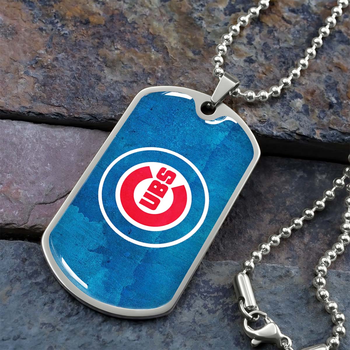 Baseball Dog Tag Necklace - BBD009 - Chicago Cubs - Bold Sports Emblem in Blue - Military Ball Chain