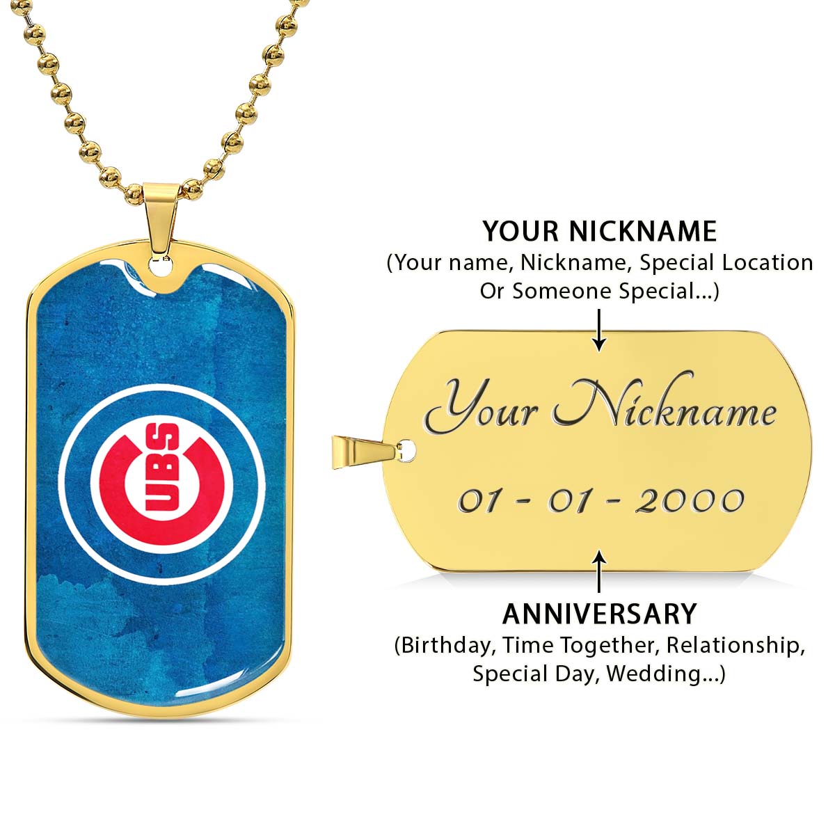 Baseball Dog Tag Necklace - BBD009 - Chicago Cubs - Bold Sports Emblem in Blue - Military Ball Chain