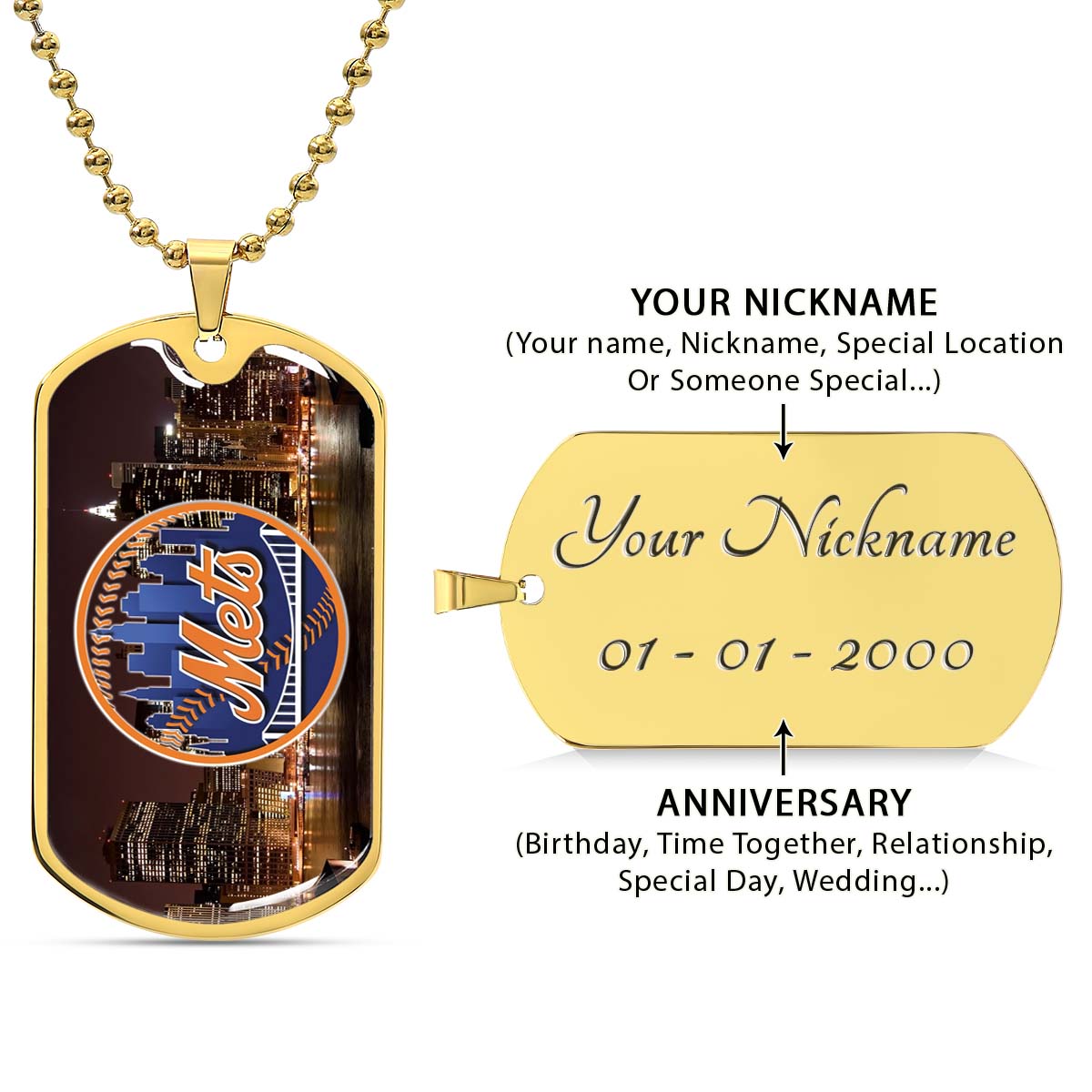 Baseball Dog Tag Necklace - BBD010 - New York Mets A Night in the City - Military Ball Chain