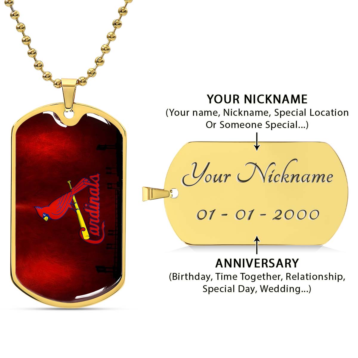 Baseball Dog Tag Necklace - BBD011 - Cardinals - Military Ball Chain