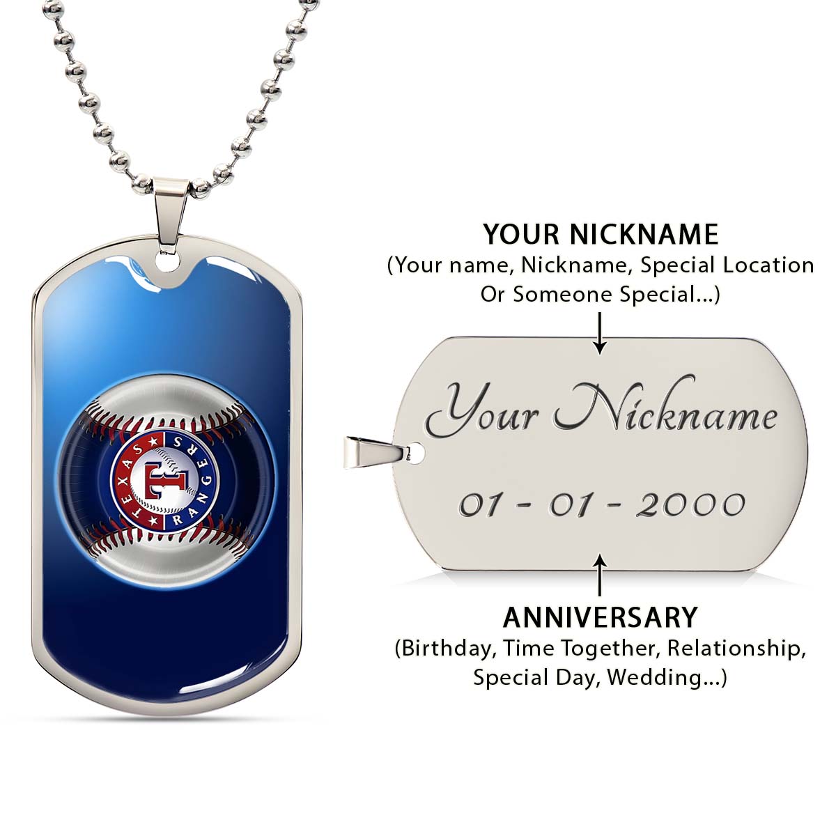 Baseball Dog Tag Necklace - BBD012 - Texas Rangers - Military Ball Chain